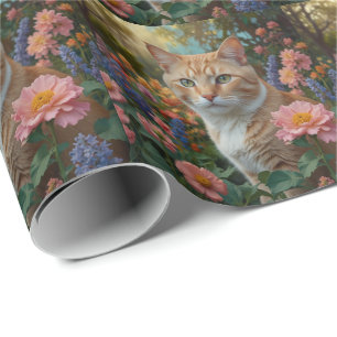 Pretty white orange cat in floral garden wrapping paper