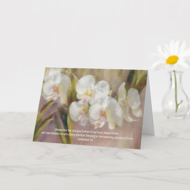 Pretty White Orchid Flowers Bible Verse Art Note Card (Small Plant)