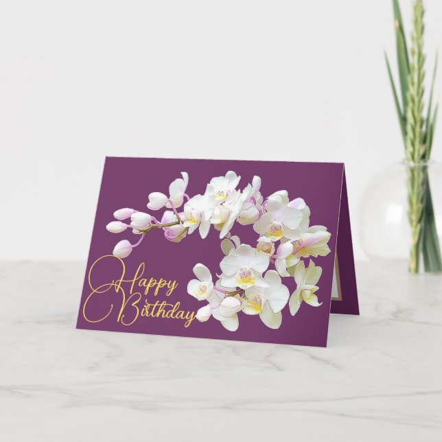 Pretty White Orchid Purple Backdrop Happy Birthday Card (Front)