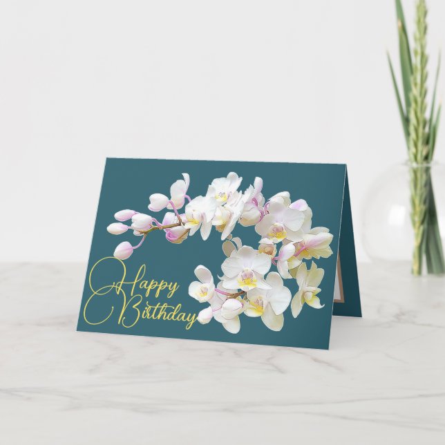 Pretty White Orchids Aqua Backdrop Happy Birthday Card (Front)