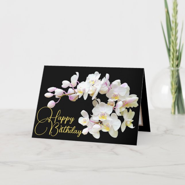 Pretty White Orchids Black Backdrop Happy Birthday Card (Front)