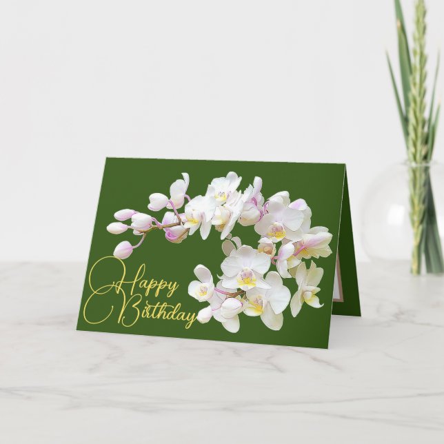 Pretty White Orchids Green Backdrop Happy Birthday Card (Front)