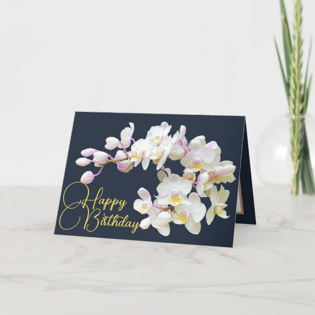 Pretty White Orchids Navy Backdrop Happy Birthday Card (Front)