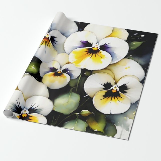 Pretty white pansies watercolor painting wrapping paper (Unrolled)