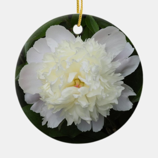 Pretty White Peonies Floral Christmas Ceramic Tree Decoration (Front)
