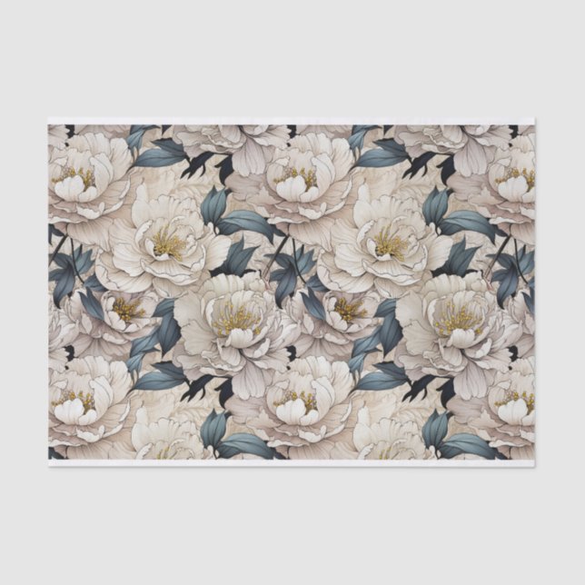 Pretty White Peonies Illustration Light Background Tissue Paper (Front)