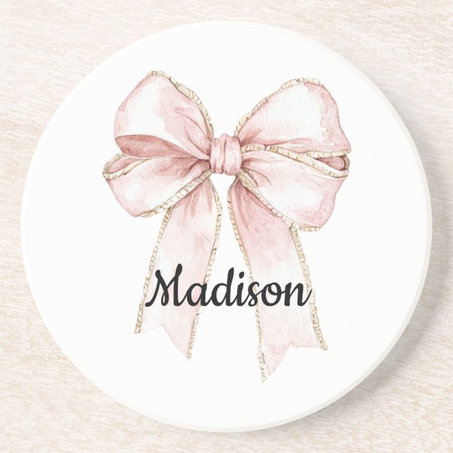 Pretty White Pink Bow Personalised Coaster (Front)