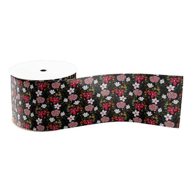 Pretty White Pink Floral Black Brush Strokes Grosgrain Ribbon (Spool)