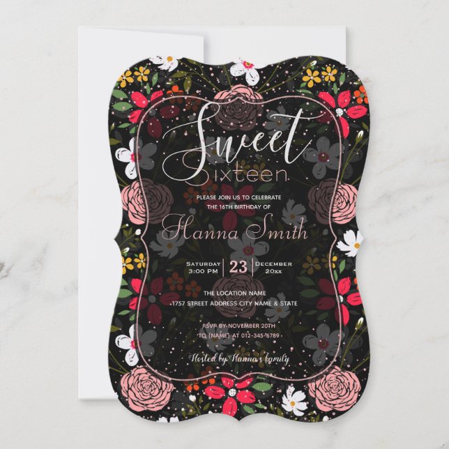 Pretty White Pink Floral Black Brush Strokes Invitation (Front)