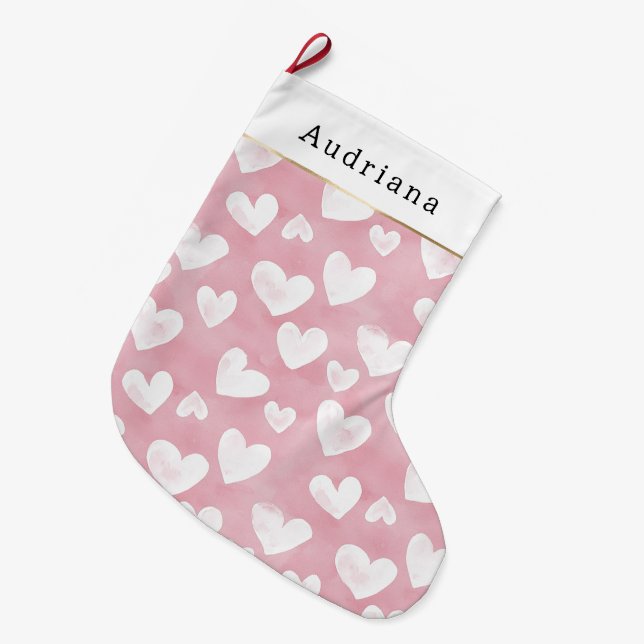 Pretty White Pink Hearts Christmas Large Christmas Stocking (Front (Hanging))