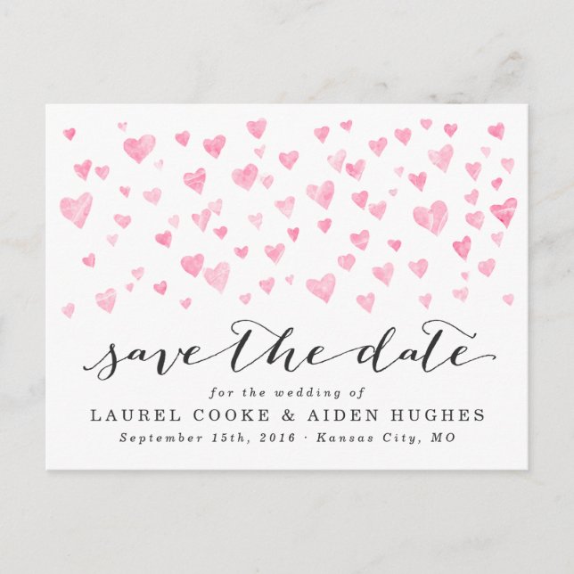 Pretty White & Pink Hearts Save the Date Announcement Postcard (Front)