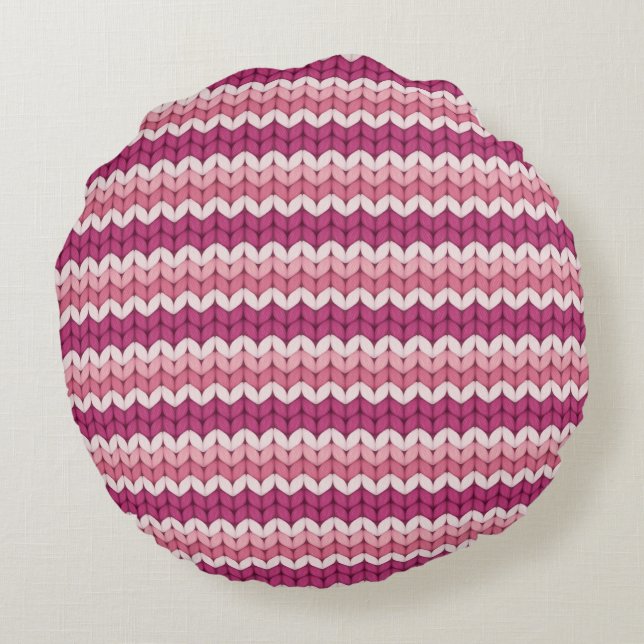 Pretty White Pink Knitting Design Round Cushion (Back)