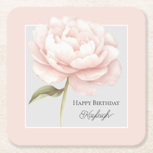 Pretty White Pink Rose Flower Birthday Square Paper Coaster