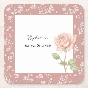 Pretty White Pink Rose Flower Bridal Shower  Square Paper Coaster