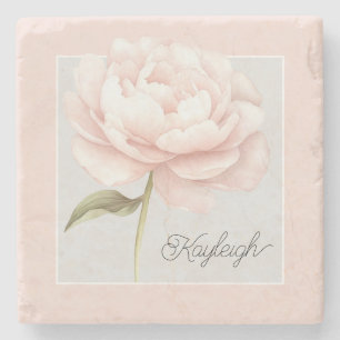 Pretty White Pink Rose Flower Personalised Stone Coaster