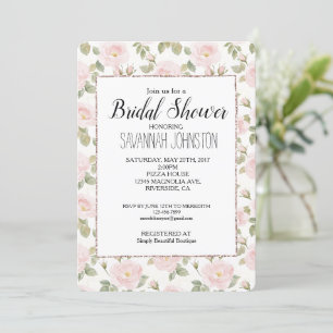 Pretty White Pink Roses Blush Glam Bridal Shower Invitation