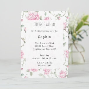 Pretty White Pink Roses Floral Birthday Invitation