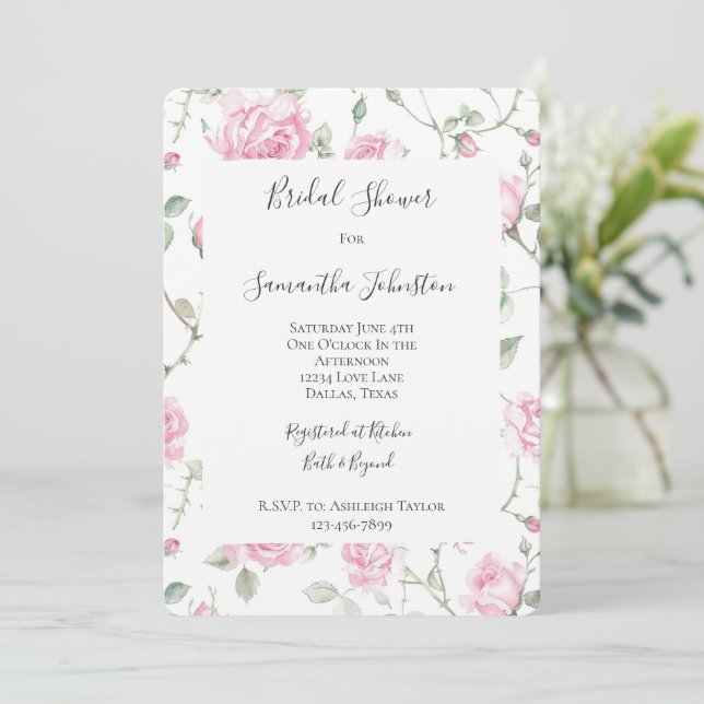 Pretty White Pink Roses Floral Bridal Shower Invitation (Standing Front)