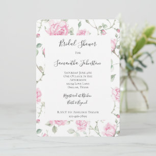 Pretty White Pink Roses Floral Bridal Shower Invitation