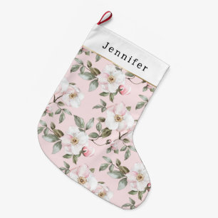 Pretty White Pink Roses Floral Christmas Large Christmas Stocking