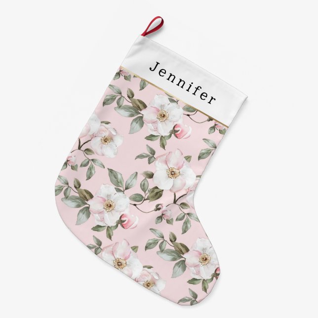 Pretty White Pink Roses Floral Christmas Large Christmas Stocking (Front (Hanging))