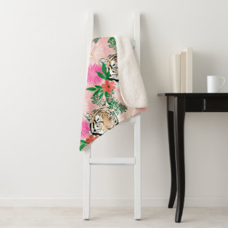 Pretty White Pink Tiger Floral Painting Sherpa Blanket