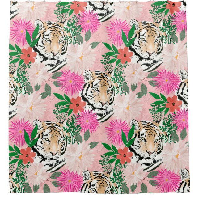Pretty White Pink Tiger Floral Painting Shower Curtain (Front)