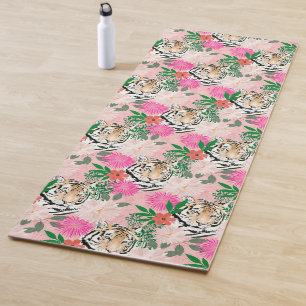 Pretty White Pink Tiger Floral Painting Yoga Mat