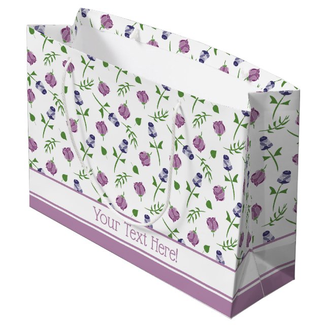 Pretty White Purple Pink Rose Rosebud Floral Print Large Gift Bag (Back Angled)