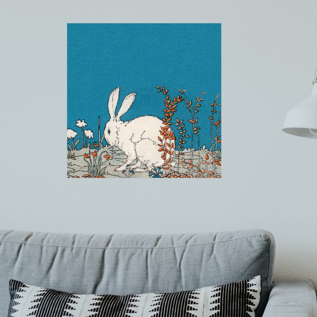 Pretty White Rabbit sitting in Flowers on Blue Poster (Pretty white rabbit sitting among orange and white flowers on blue artwork wall poster.)