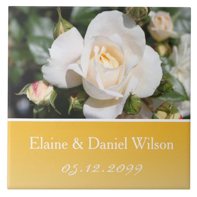 Pretty white rose flower wedding anniversary tile (Front)