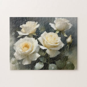 Pretty white roses garden watercolor painting jigsaw puzzle