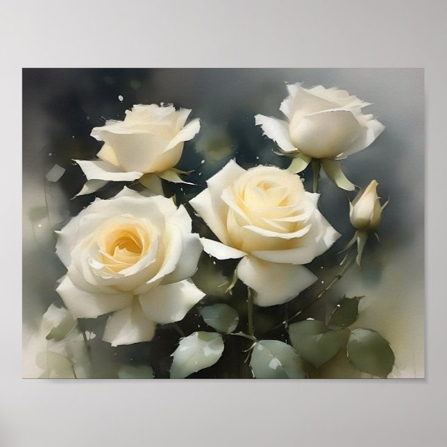 Pretty white roses garden watercolor painting poster (Front)