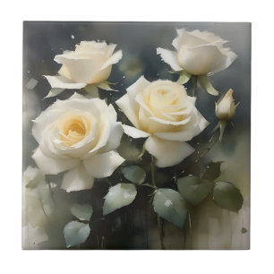 Pretty white roses garden watercolor painting tile