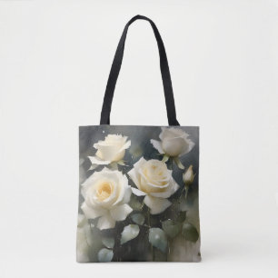 Pretty white roses garden watercolor painting tote bag