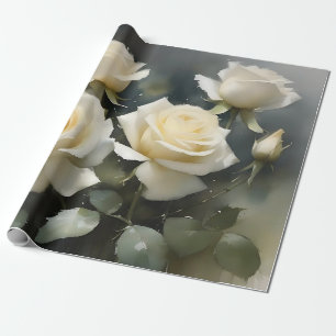 Pretty white roses garden watercolor painting wrapping paper