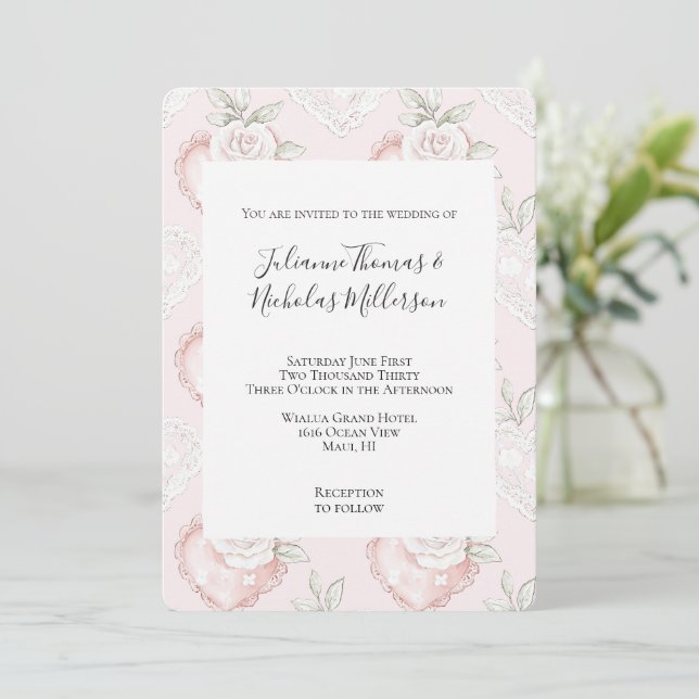 Pretty White Roses Lace Hearts Wedding Invitation (Standing Front)