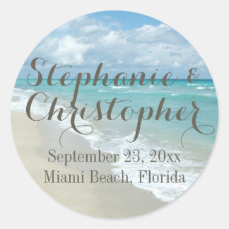 Pretty White Sand Beach Wedding Favour Classic Round Sticker