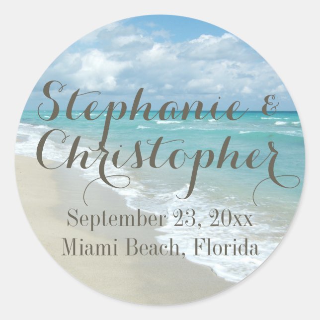 Pretty White Sand Beach Wedding Favour Classic Round Sticker (Front)