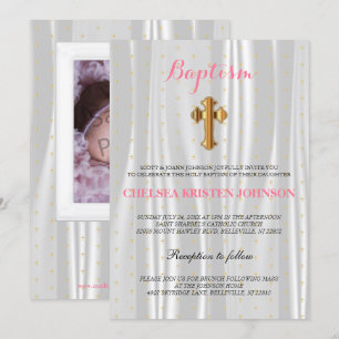 Pretty White Satin Baptism / Christening Invitation