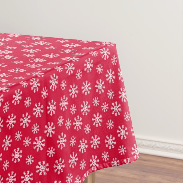 Pretty White Snow on Red Background Christmas Tablecloth (In Situ)