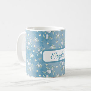 Pretty White Snowberries, Green Leaves on Blue   Coffee Mug
