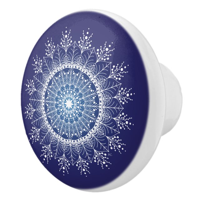 Pretty White Snowflake Mandala Blue Ceramic Knob (Right)
