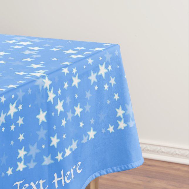 Pretty White Stars on Baby Blue Personalised Edges Tablecloth (In Situ)