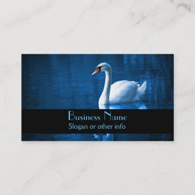 Pretty white swan floating on a blue lake business card (Front)