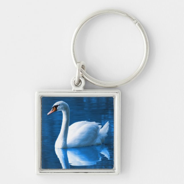 Pretty white swan floating on a blue lake key ring (Front)