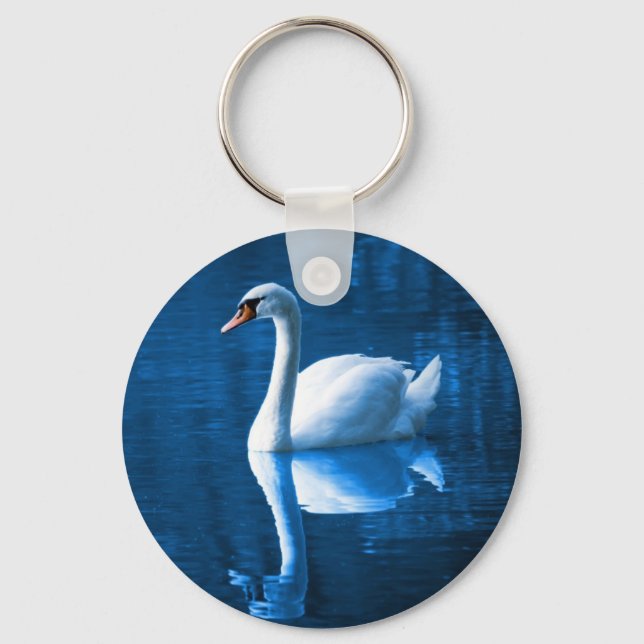 Pretty white swan floating on a blue lake key ring (Front)