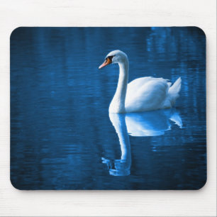 Pretty white swan floating on a blue lake mouse mat