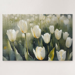 Pretty white tulips garden watercolor painting jigsaw puzzle