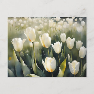 Pretty white tulips garden watercolor painting postcard